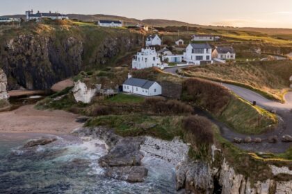 Aerial view of Ballintoy Harbour near Giants Causeway, County. Antrim, Northern Ireland, UK