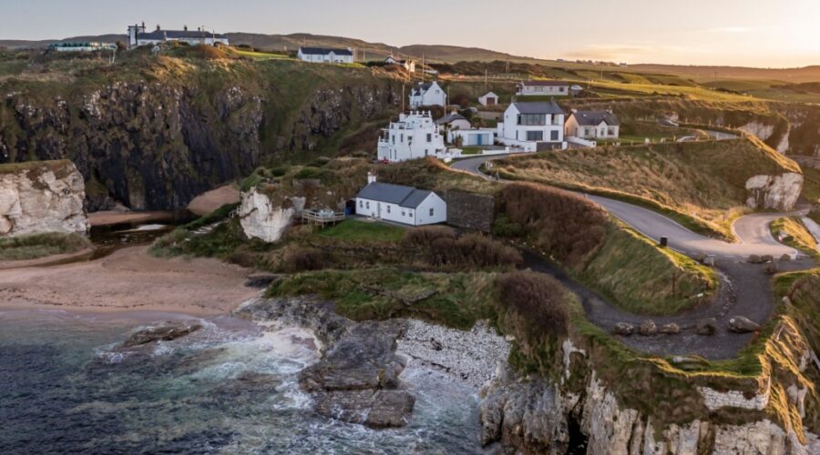 Aerial view of Ballintoy Harbour near Giants Causeway, County. Antrim, Northern Ireland, UK
