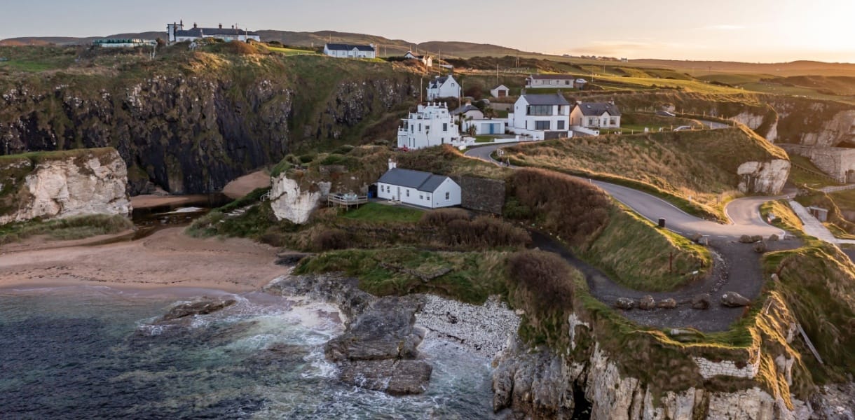 Aerial view of Ballintoy Harbour near Giants Causeway, County. Antrim, Northern Ireland, UK