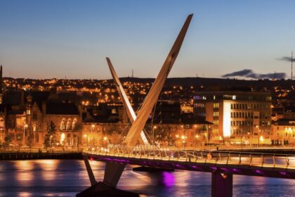 Peace Bridge in Derry~Londonderry, Northern Ireland, Lit up at night
