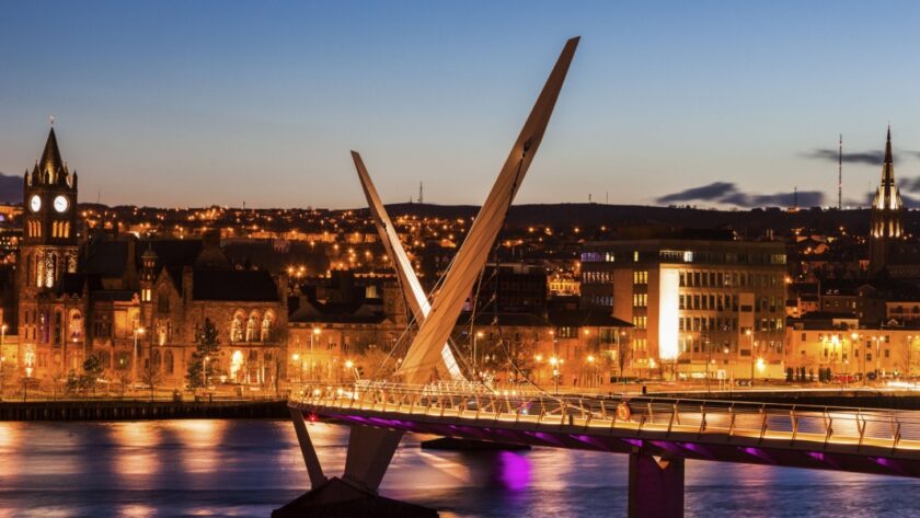 Peace Bridge in Derry~Londonderry, Northern Ireland, Lit up at night