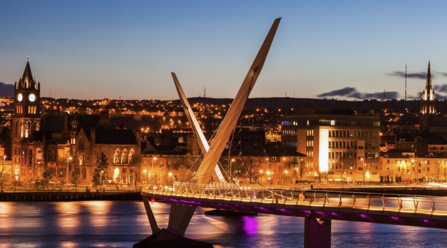 Peace Bridge in Derry~Londonderry, Northern Ireland, Lit up at night