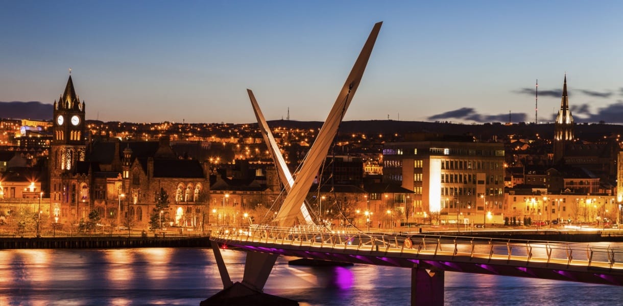 Peace Bridge in Derry~Londonderry, Northern Ireland, Lit up at night