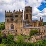 An aerial view of the Durham Cathedral, castle in Durham, UK
