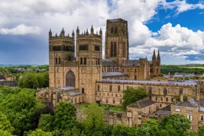 An aerial view of the Durham Cathedral, castle in Durham, UK