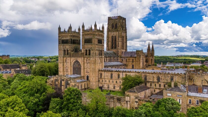 An aerial view of the Durham Cathedral, castle in Durham, UK