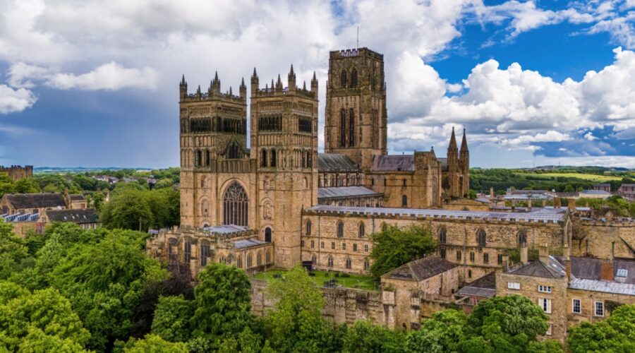 An aerial view of the Durham Cathedral, castle in Durham, UK