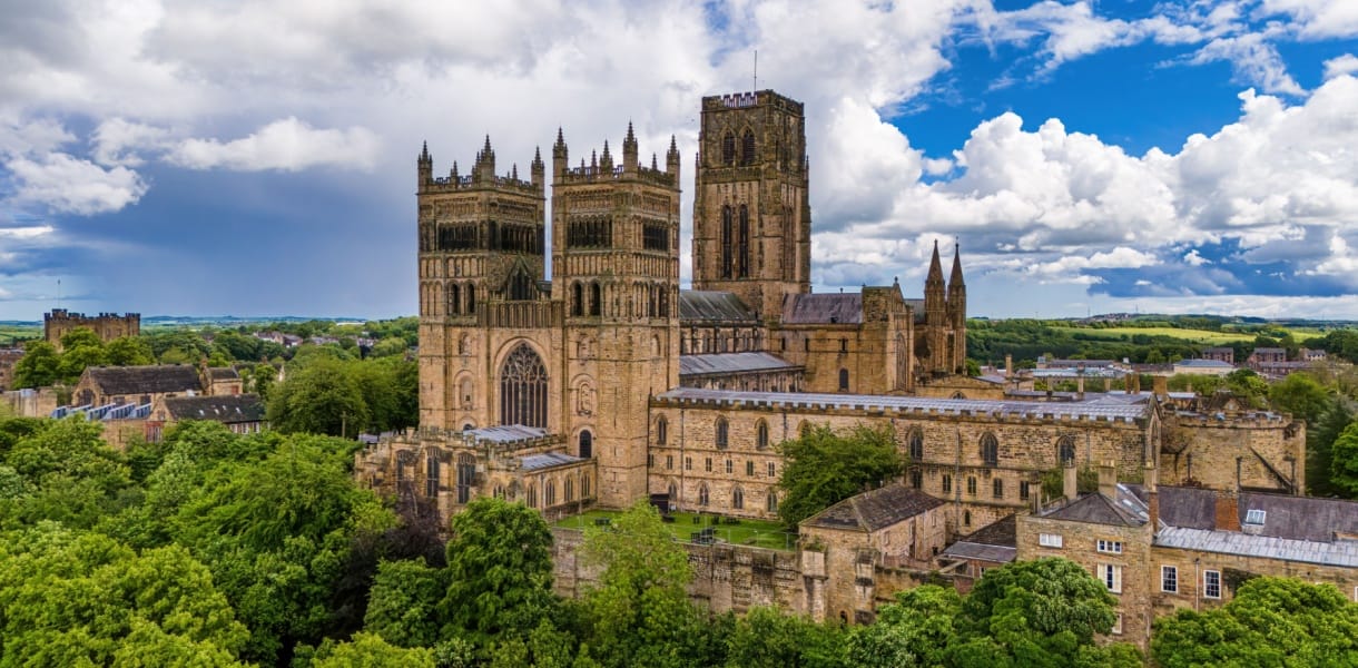 An aerial view of the Durham Cathedral, castle in Durham, UK