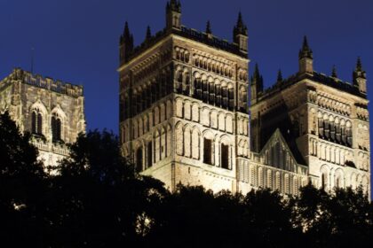 Durham Cathedral floodlit at dusk, UNESCO World Heritage Site