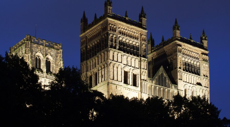 Durham Cathedral floodlit at dusk, UNESCO World Heritage Site
