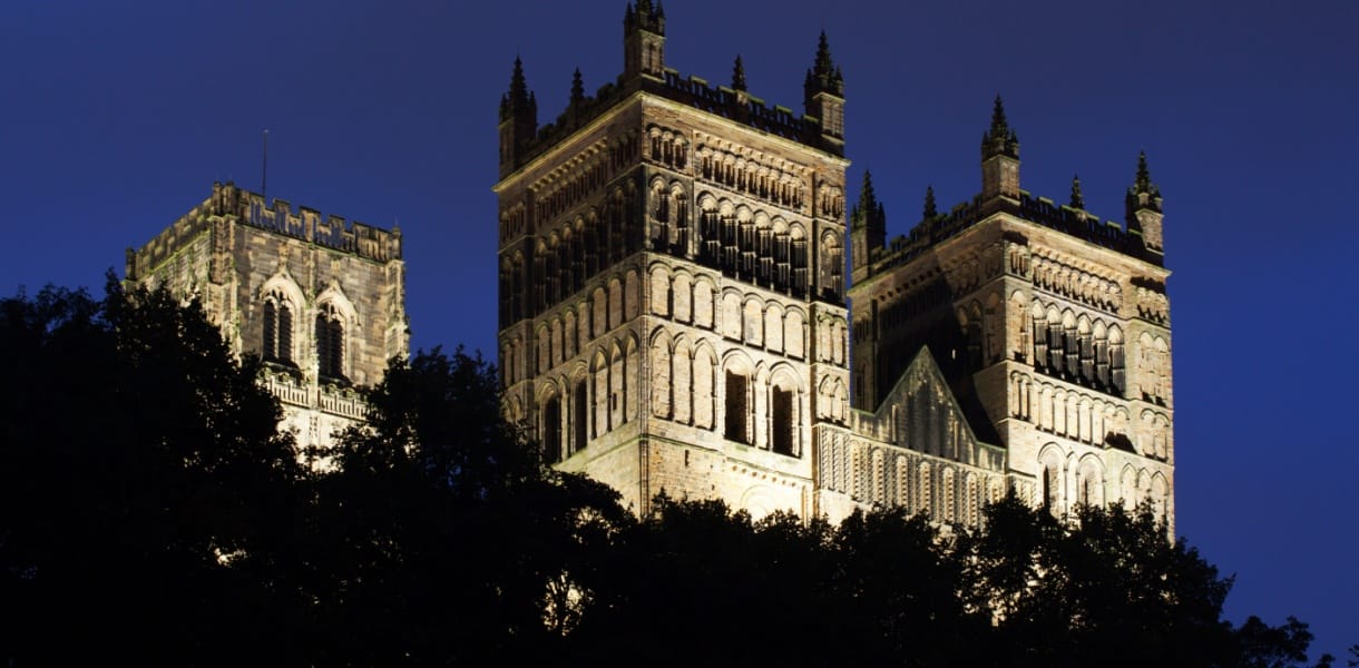 Durham Cathedral floodlit at dusk, UNESCO World Heritage Site