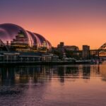 View of the Sage Building river and Tyne Bridges at dusk in Gateshead, Tyne and Wear