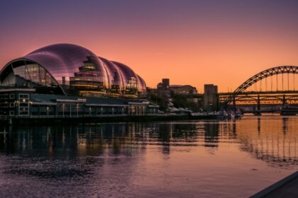 View of the Sage Building river and Tyne Bridges at dusk in Gateshead, Tyne and Wear
