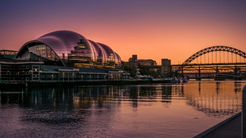 View of the Sage Building river and Tyne Bridges at dusk in Gateshead, Tyne and Wear