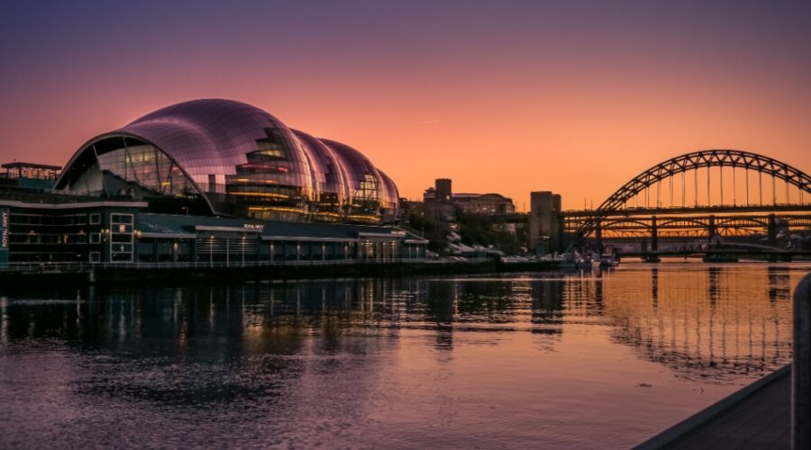 View of the Sage Building river and Tyne Bridges at dusk in Gateshead, Tyne and Wear