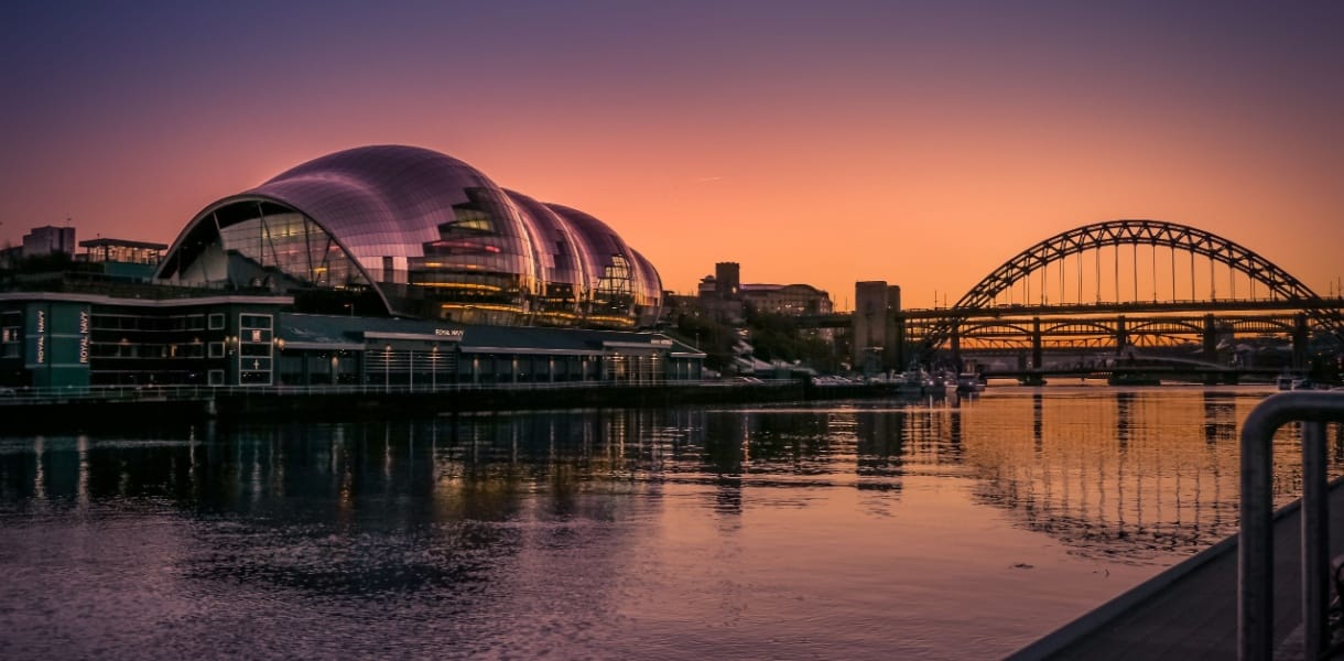 View of the Sage Building river and Tyne Bridges at dusk in Gateshead, Tyne and Wear