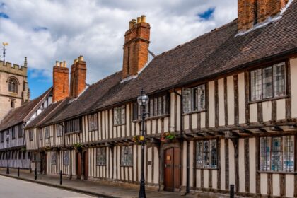 Timbered Tudor Buildings and a church tower in Stratford Upon Avon