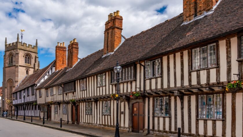 Timbered Tudor Buildings and a church tower in Stratford Upon Avon