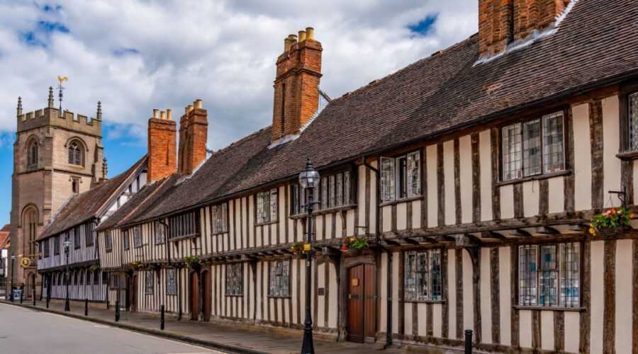 Timbered Tudor Buildings and a church tower in Stratford Upon Avon