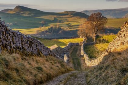 Yorkshire Dales landscape with limestone dry stone wales and an unpaved track