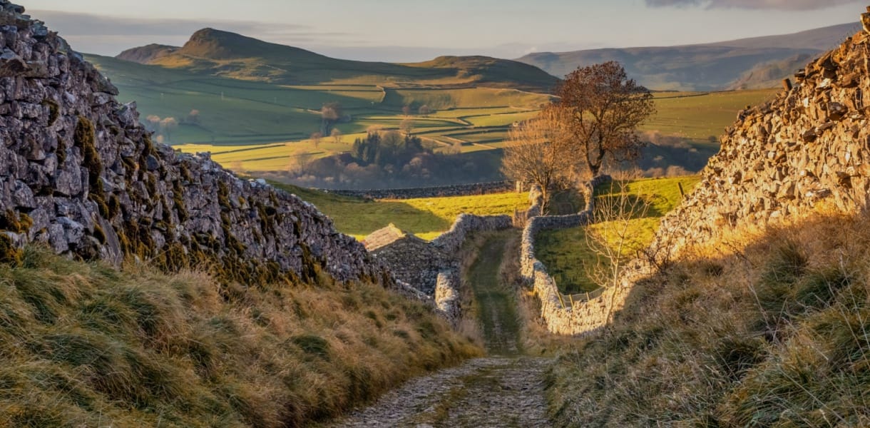 Yorkshire Dales landscape with limestone dry stone wales and an unpaved track