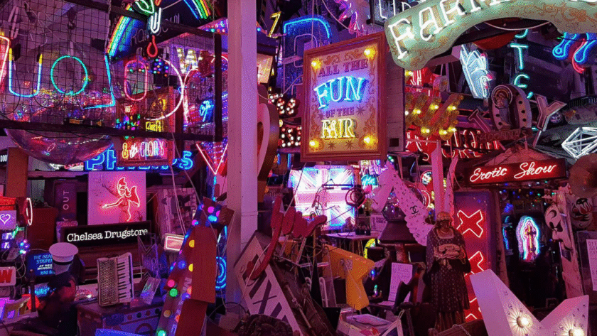 A colourful jumble of neon signs at God’s Own Junkyard in Walthamstow, London, featuring glowing slogans, vintage advertisements, and salvaged lights packed into a vibrant indoor display.