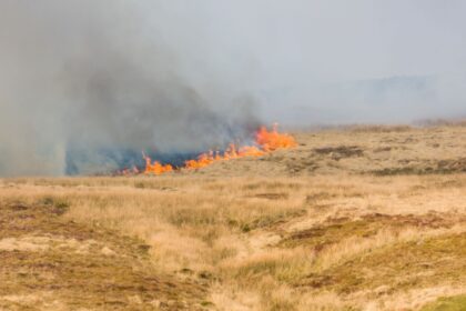 smoke rising from a grass fire burning uncontrolled on a Pennine moor