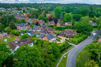 Aerial view of Brockenhurst within the New Forest in Hampshire, England, UK