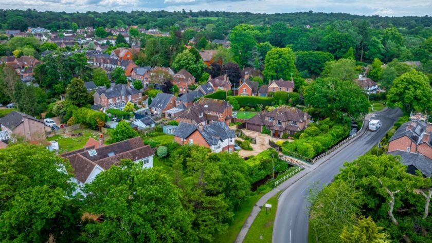 Aerial view of Brockenhurst within the New Forest in Hampshire, England, UK
