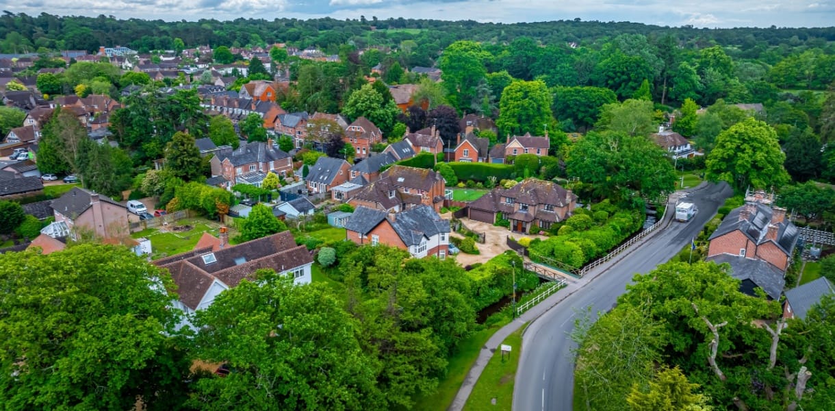 Aerial view of Brockenhurst within the New Forest in Hampshire, England, UK