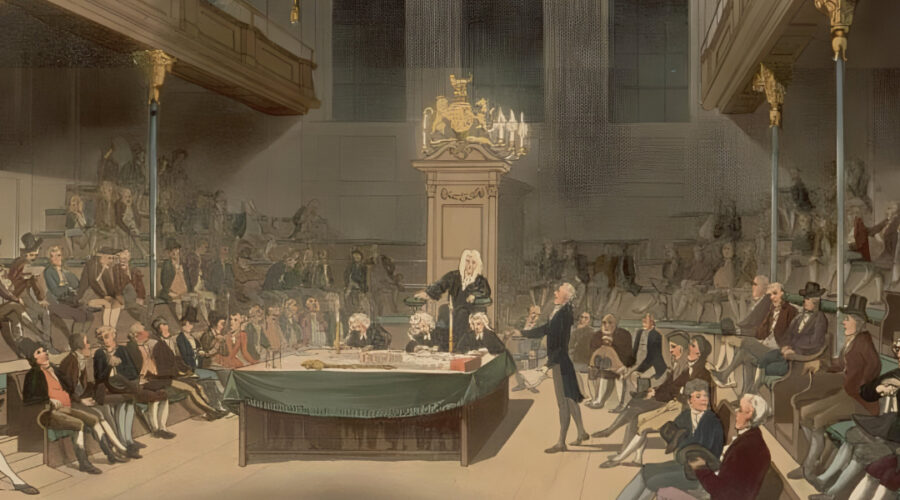 Historic painting of the House of Commons in the late 18th century, showing a crowded parliamentary session with men in period dress seated on benches and gathered around a central table. A speaker stands addressing the chamber while others listen attentively. The scene captures the era of William Wilberforce and the abolition debates, with candlelight illuminating the ornate wooden interior and royal crest above the speaker's chair.