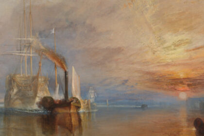 Painting of an old warship, the HMS Téméraire, being towed by a small steam-powered tugboat at sunset. The ship appears ghostly and pale against a glowing sky of rich oranges, reds, and yellows. The calm water reflects the dramatic sky, while smoke trails from the tugboat’s funnel. The overall scene is peaceful but poignant, symbolising the end of an era.