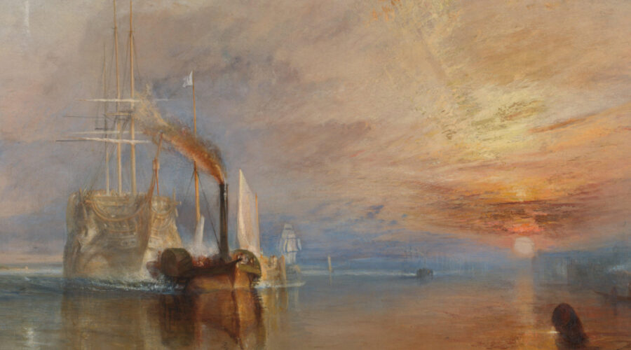 Painting of an old warship, the HMS Téméraire, being towed by a small steam-powered tugboat at sunset. The ship appears ghostly and pale against a glowing sky of rich oranges, reds, and yellows. The calm water reflects the dramatic sky, while smoke trails from the tugboat’s funnel. The overall scene is peaceful but poignant, symbolising the end of an era.