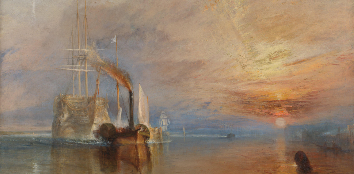 Painting of an old warship, the HMS Téméraire, being towed by a small steam-powered tugboat at sunset. The ship appears ghostly and pale against a glowing sky of rich oranges, reds, and yellows. The calm water reflects the dramatic sky, while smoke trails from the tugboat’s funnel. The overall scene is peaceful but poignant, symbolising the end of an era.