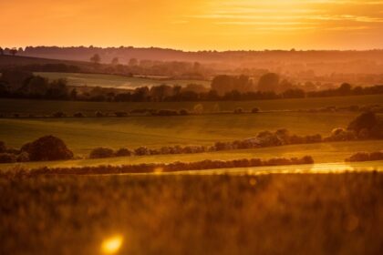 Sunset over the Lincolnshire Wolds, with golden light bathing gently rolling hills, patchwork fields, and scattered trees. Layers of hedgerows and farmland stretch into the hazy distance under a glowing orange sky.