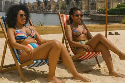 Two young women in colourful bikinis sit on striped deck chairs under a navy beach umbrella on a sandy urban beach at London's Royal Docks. They are smiling and wearing sunglasses, enjoying a sunny day with views of dockside cranes, modern buildings, and calm water in the background.