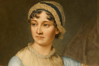 Classic portrait of Jane Austen in Regency-era style, showing her seated in a pale blue gown with lace trim and a muslin cap, gazing thoughtfully to the side against a muted brown background