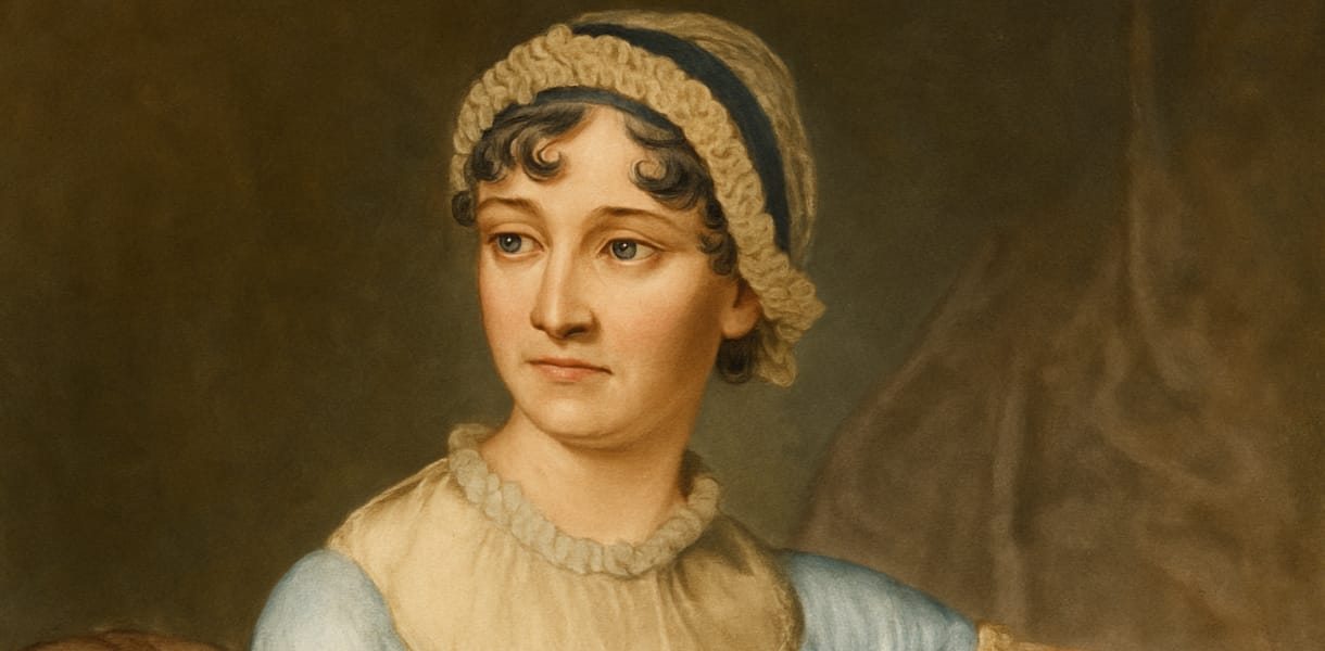 Classic portrait of Jane Austen in Regency-era style, showing her seated in a pale blue gown with lace trim and a muslin cap, gazing thoughtfully to the side against a muted brown background
