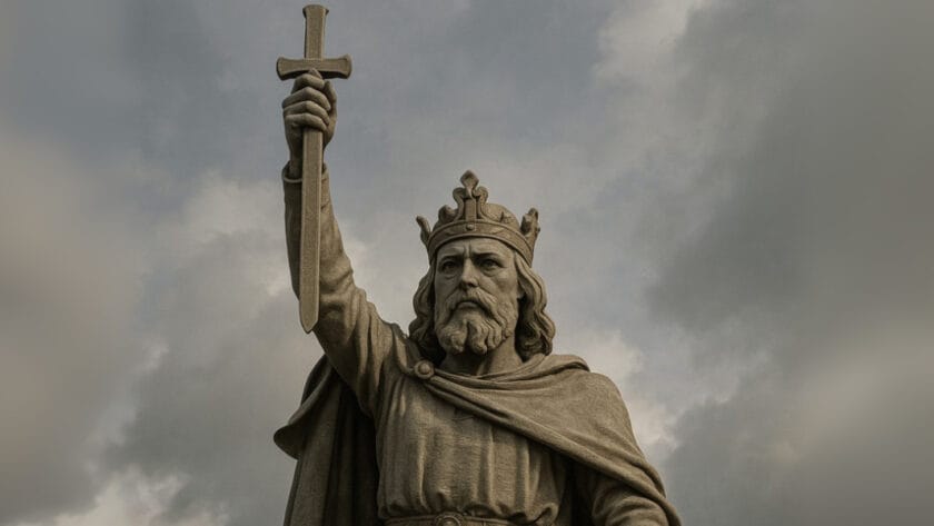 A stone statue of King Alfred the Great stands against a cloudy sky, depicting the Anglo-Saxon king wearing a crown and cloak. His right arm is raised high, holding a cross-topped sword, with a stormy sky in the background