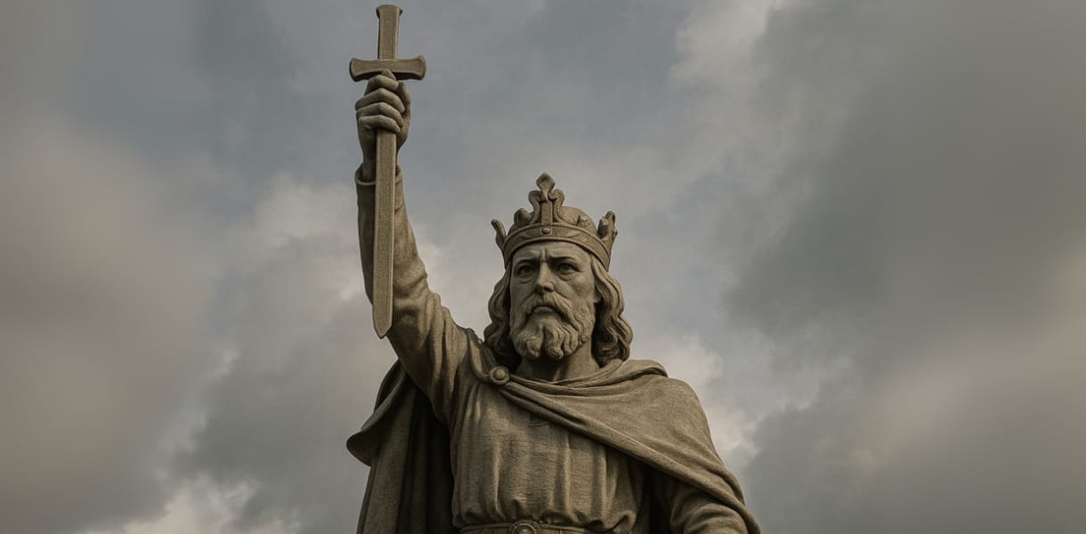 A stone statue of King Alfred the Great stands against a cloudy sky, depicting the Anglo-Saxon king wearing a crown and cloak. His right arm is raised high, holding a cross-topped sword, with a stormy sky in the background