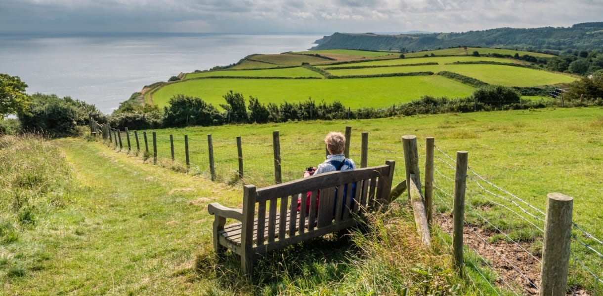 Person sitting on a wooden bench beside a grassy coastal path, looking out over patchwork green fields and cliffs above the sea under a cloudy sky.