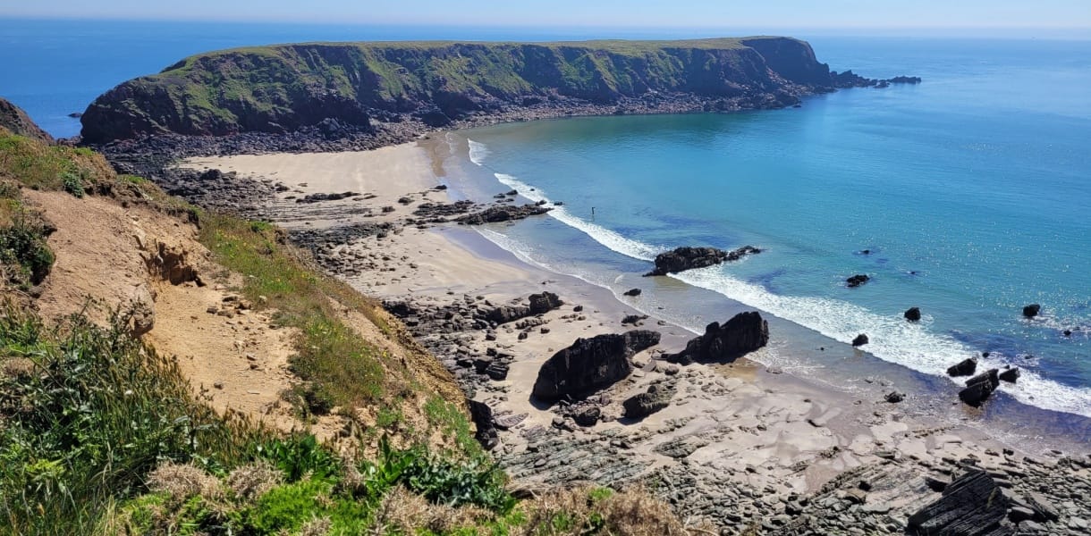 Wide view from the Pembrokeshire Coast Path showing a sandy cove below steep grassy cliffs, with turquoise sea, scattered rocks and gentle waves along the shore under a clear blue sky