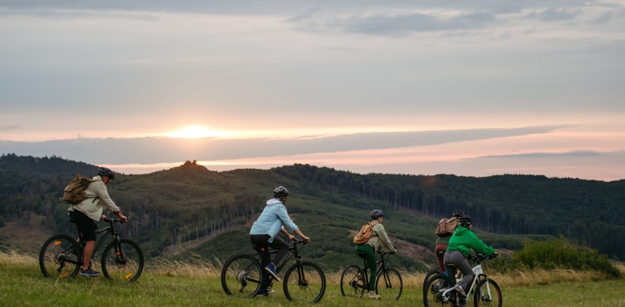 Four cyclists ride along a grassy hillside at sunset, overlooking rolling forested hills under a soft pink and grey evening sky.