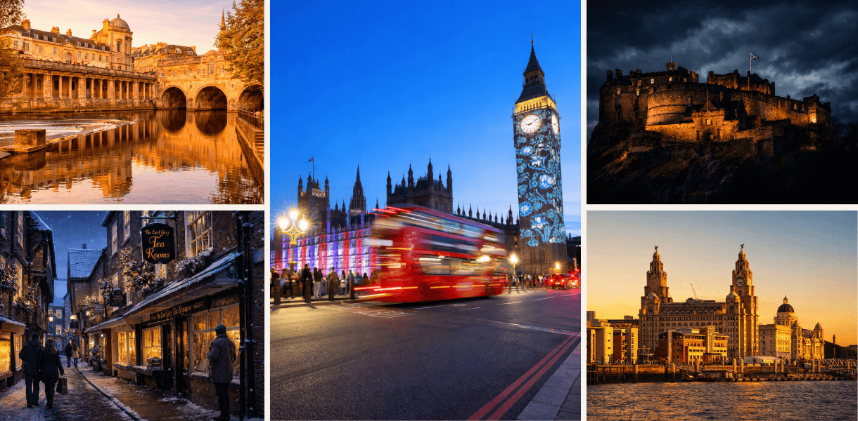 Five-image UK city break montage showing Bath’s Pulteney Bridge in warm golden light, the Houses of Parliament and Big Ben in London at dusk with a red bus passing, Edinburgh Castle dramatically lit under dark stormy skies, a cosy snow-dusted historic street scene with tea rooms, and Liverpool’s waterfront glowing in golden hour light.