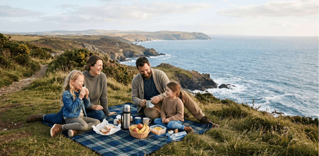 Family enjoying a picnic on a grassy clifftop above the sea, with sandwiches, fruit and a flask laid out on a blanket and a wide coastal view stretching into the distance.