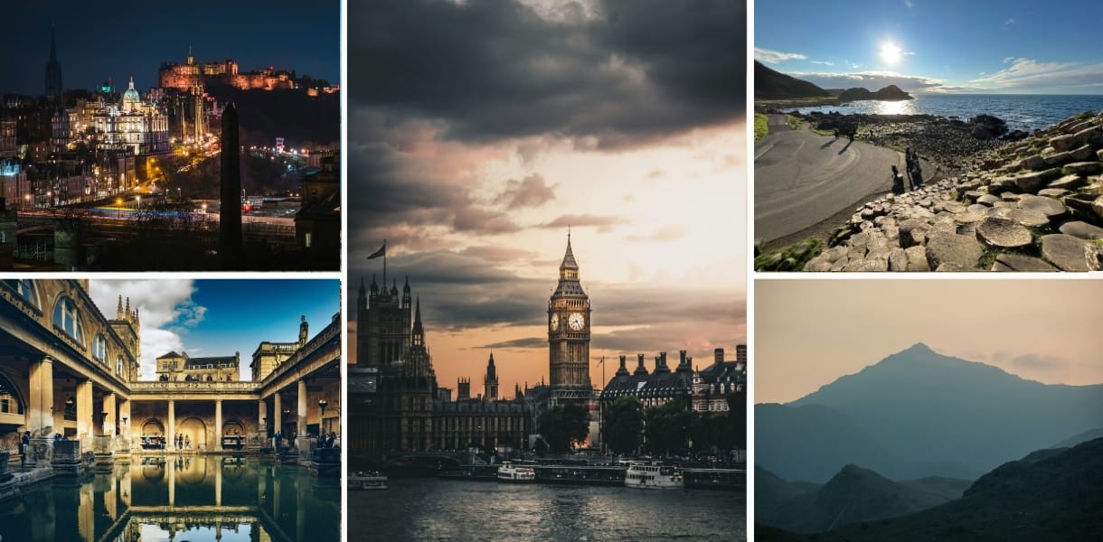 Photomontage of iconic UK scenes including Edinburgh at night, the Palace of Westminster and Big Ben by the River Thames, the Giant’s Causeway on the Northern Ireland coast, the Roman Baths in Bath, and a hazy mountain landscape in Wales.