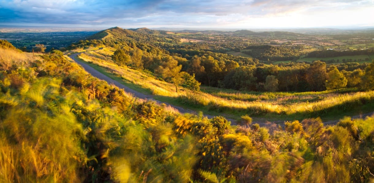 View from the Malvern Hills across rolling countryside, wooded slopes and open fields lit by warm golden evening light.