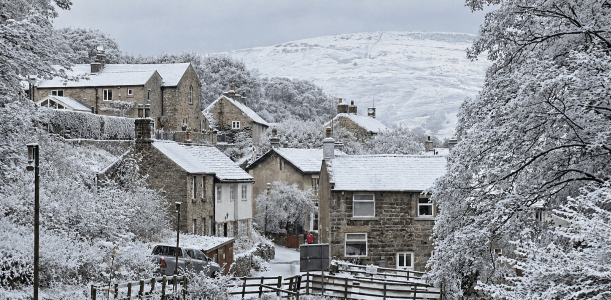 Snow-covered stone village cottages framed by frosted trees, with a wintry hillside rising in the background under a grey sky.