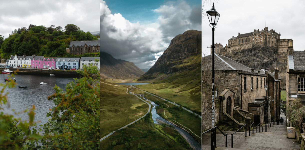 Montage of Scotland highlights, including colourful harbour houses in Tobermory, the dramatic valley of Glencoe and Edinburgh Castle above the city’s historic streets.