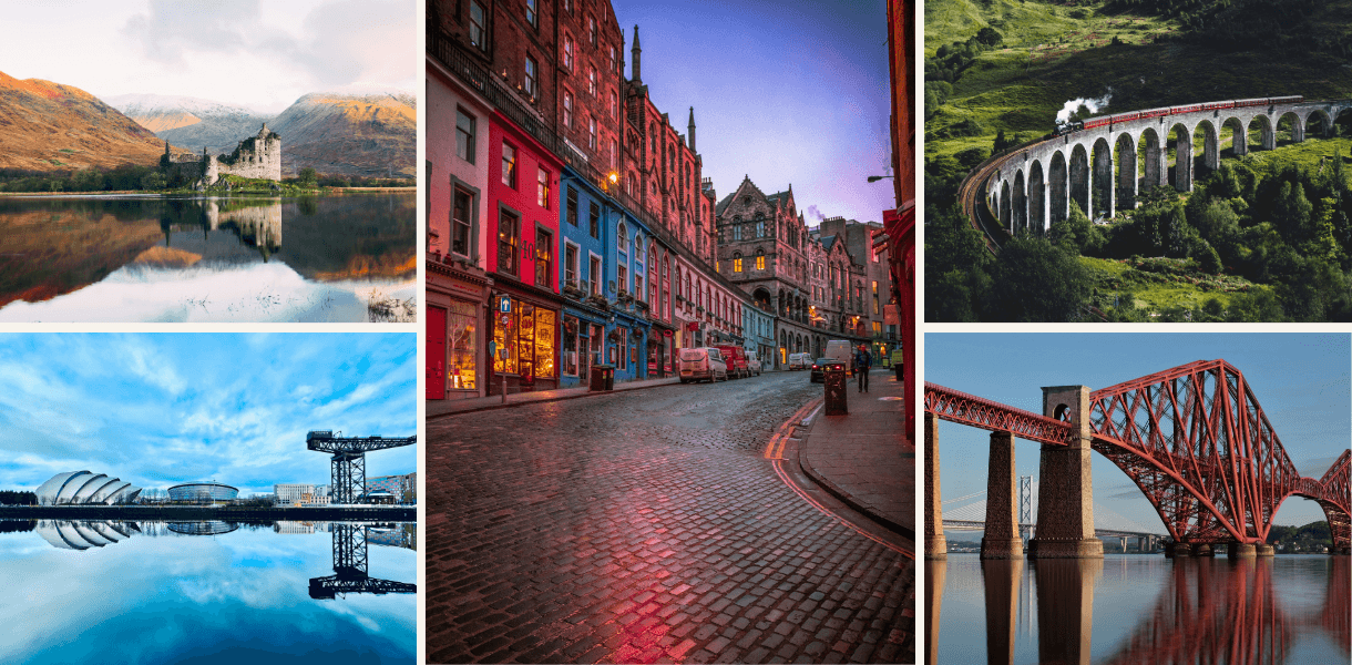 Montage of Scotland highlights, including Kilchurn Castle reflected in a loch, colourful Edinburgh streets, the Glenfinnan Viaduct, Glasgow’s riverside and the Forth Bridge.